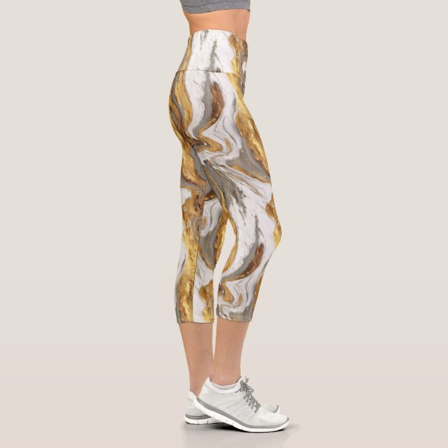Abstract Grey Marble Texture with Flowing Gold Capri Leggings (Right)