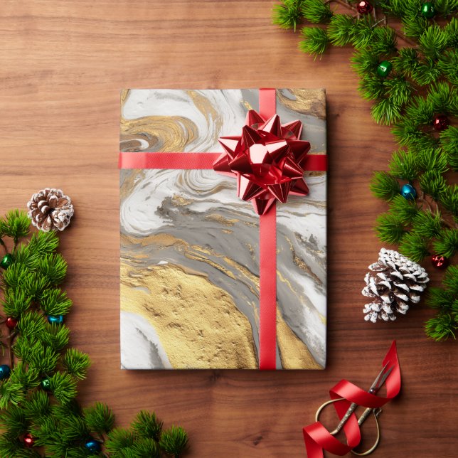 Abstract Grey Marble Texture with Flowing Gold Wrapping Paper (Holiday Gift)