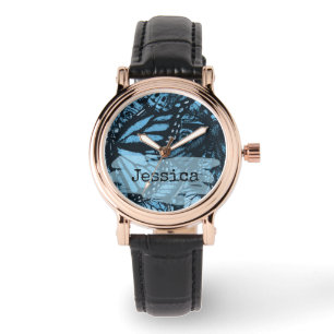 Abstract Grunge Blue Butterfly Art Personalised Watch