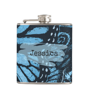 Abstract Grunge Blue Butterfly Art Personalized Hip Flask