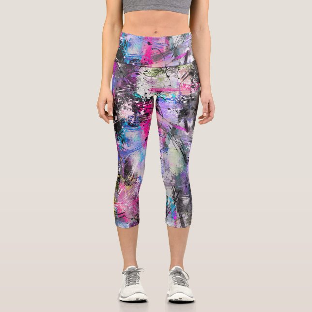 Abstract Grungy Colourful Paint Capri Leggings (Front)