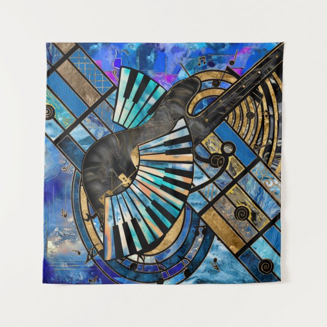 Abstract Guitar and Keys Art Collage Mixed Texture Tapestry (Front)