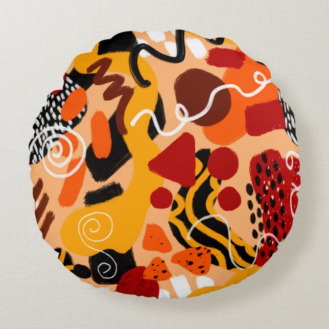 Abstract Hand Drawing Geometric Shapes Brush Strok Round Cushion (Front)