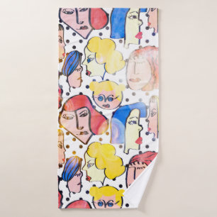 Abstract hand drawing woman faces cartoon with wat bath towel