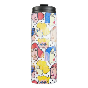 Abstract hand drawing woman faces cartoon with wat thermal tumbler