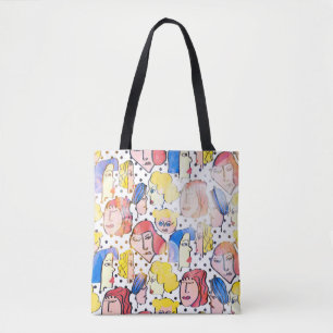 Abstract hand drawing woman faces cartoon with wat tote bag