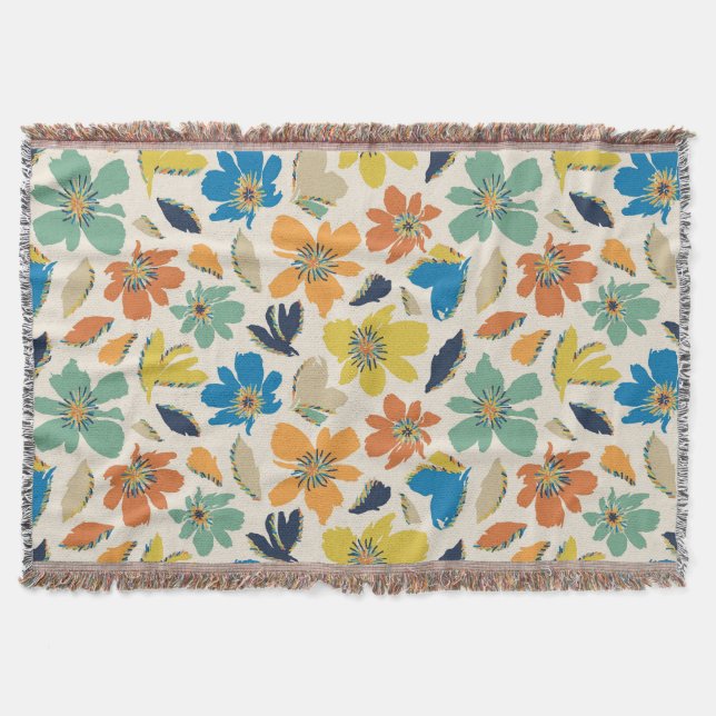 Abstract Hand-Drawn Boho Floral Pattern Throw Blanket (Front)