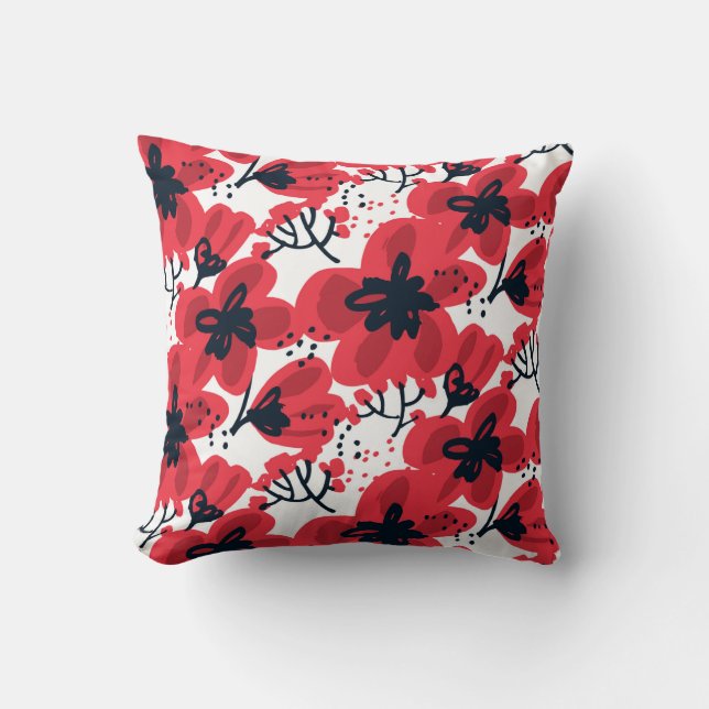 Abstract hand drawn red flowers seamless pattern cushion (Front)