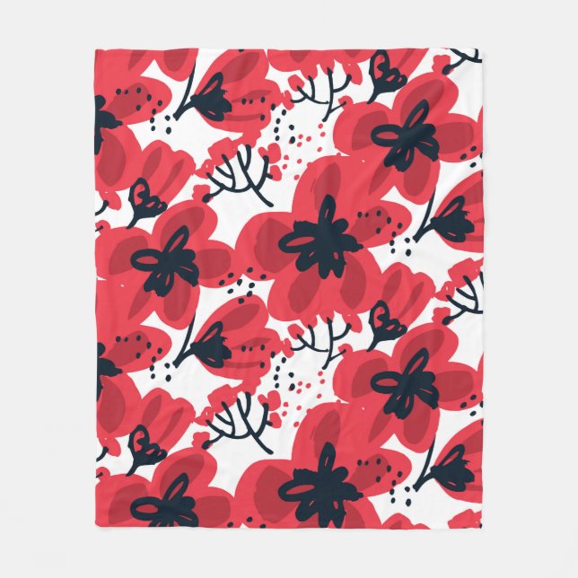 Abstract hand drawn red flowers seamless pattern fleece blanket (Front)