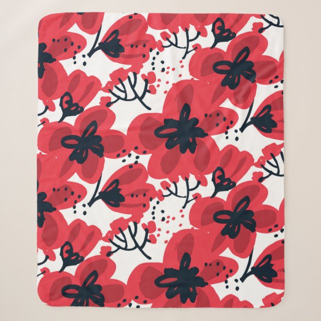 Abstract hand drawn red flowers seamless pattern sherpa blanket (Front)
