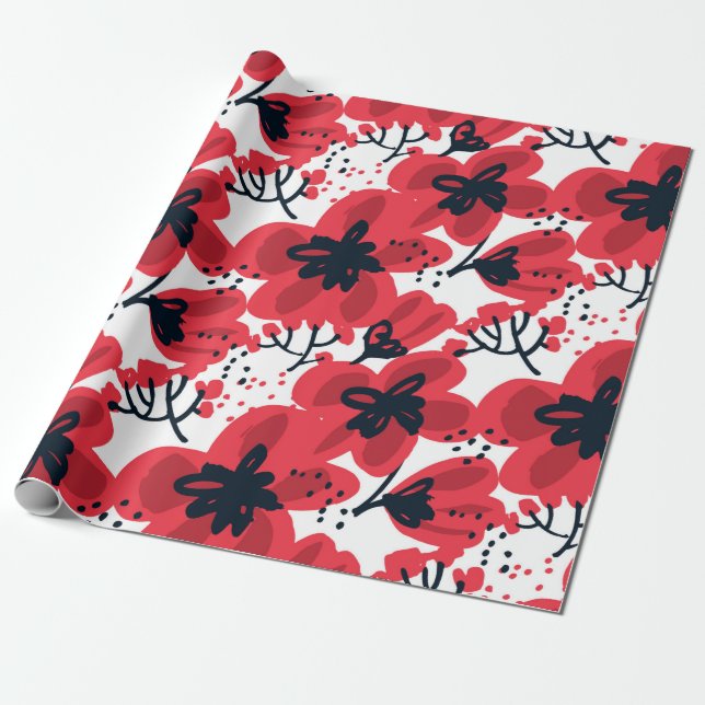 Abstract hand drawn red flowers seamless pattern wrapping paper (Unrolled)