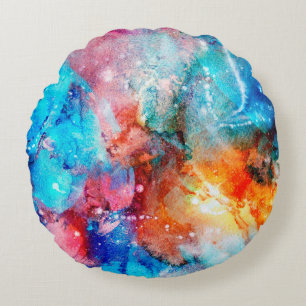 Abstract hand-made texture. Marbling blue and oran Round Cushion