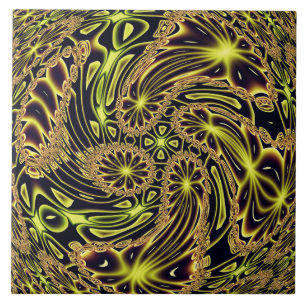 Abstract Happy Dance Neon Gold Fractal Art Ceramic Tile