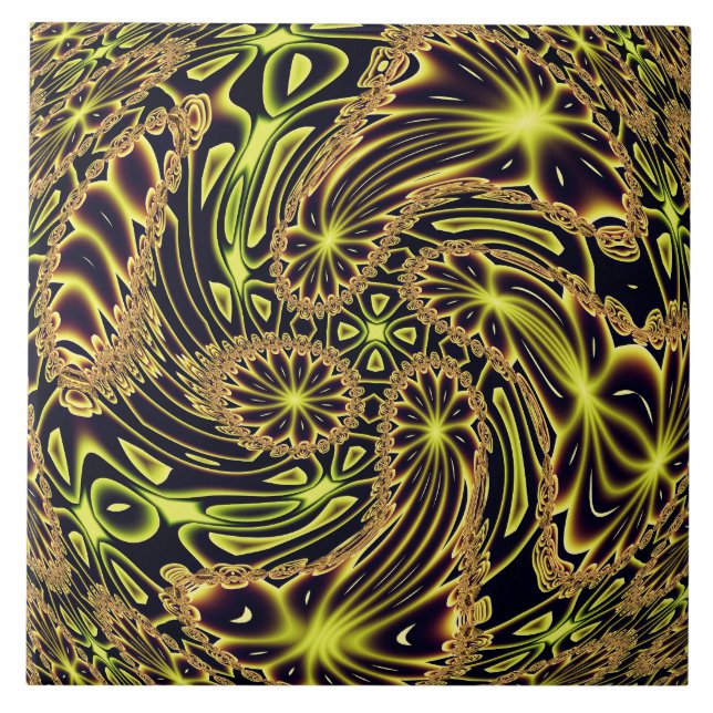 Abstract Happy Dance Neon Gold Fractal Art Ceramic Tile (Front)