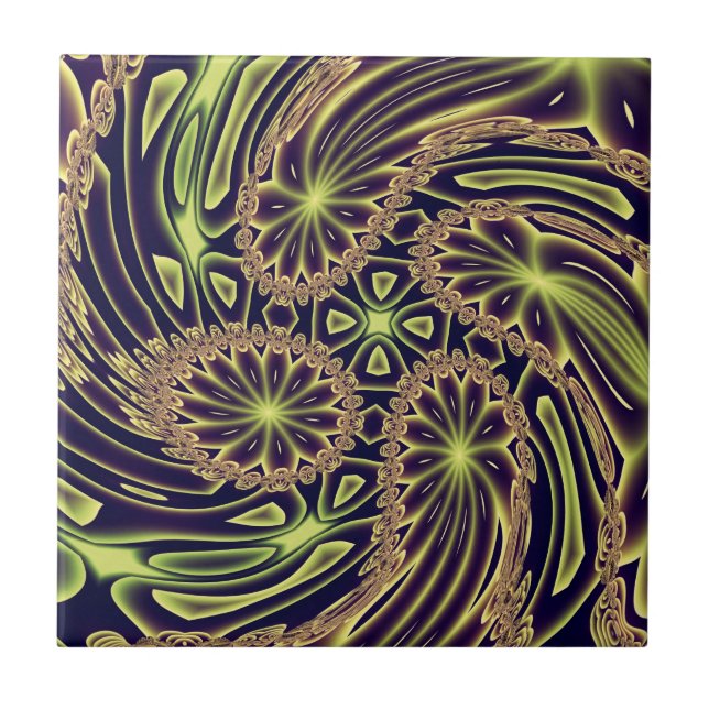 Abstract Happy Dance Neon Gold Fractal Art Tile (Front)