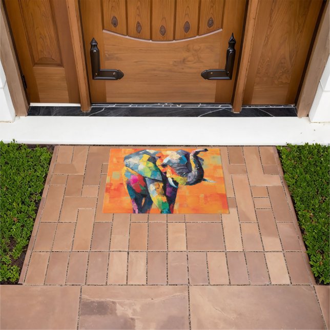 Abstract Happy Rainbow Elephant Doormat (Outdoor)