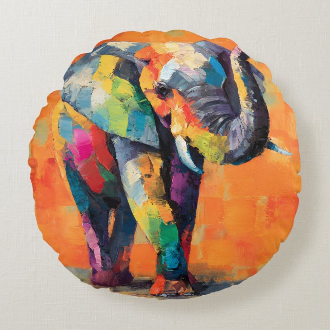 Abstract Happy Rainbow Elephant Round Cushion (Front)
