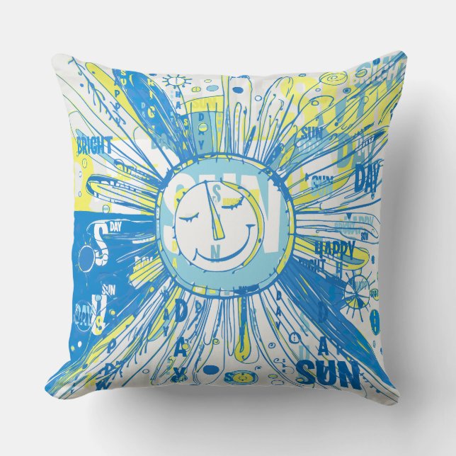 Abstract Happy Whimsical Sun Word Art Cushion (Front)
