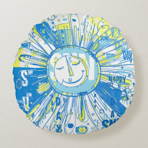 Abstract Happy Whimsical Sun Word Art Round Cushion