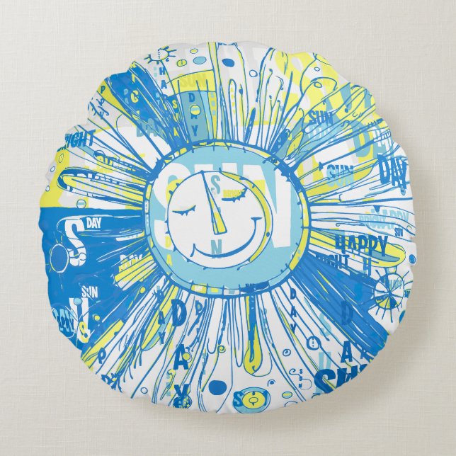 Abstract Happy Whimsical Sun Word Art Round Cushion (Front)