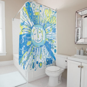 Abstract Happy Whimsical Sun Word Art Shower Curtain