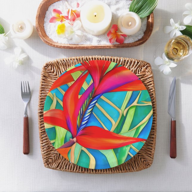 Abstract Hawaiian Bird of Paradise Flower Paper Plate (Beautiful Bird of Paradise paper plates for your next tropical or beach themed gathering.)