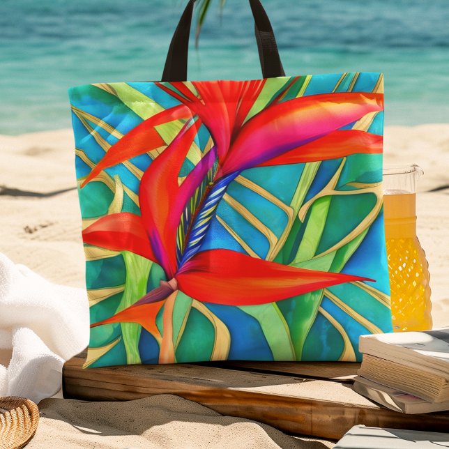 Abstract Hawaiian Bird of Paradise Flower Tote Bag (A beautiful beach bag for a day at the beach.)