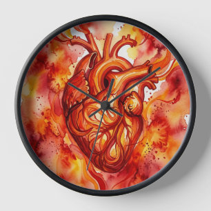 Abstract Heart Anatomy Fire Red Art Clocks