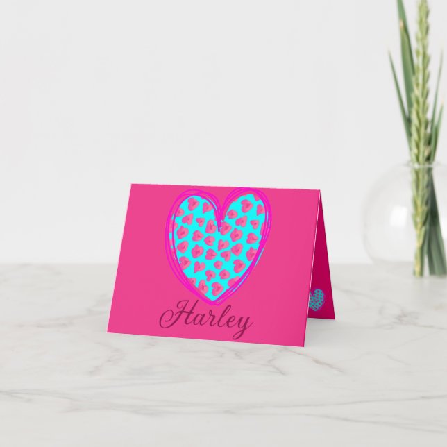 Abstract Heart Leopard Turquoise Magenta note Card (Front)