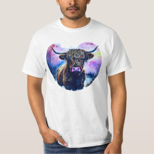 Abstract Heart-Shaped Highland Cow Painting T-Shirt