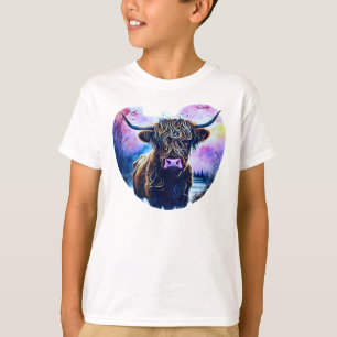Abstract Heart-Shaped Highland Cow Painting T-Shirt