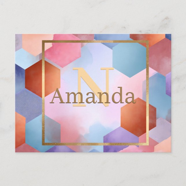 Abstract Hexagon with a Gold Frame and Custom Name Postcard (Front)