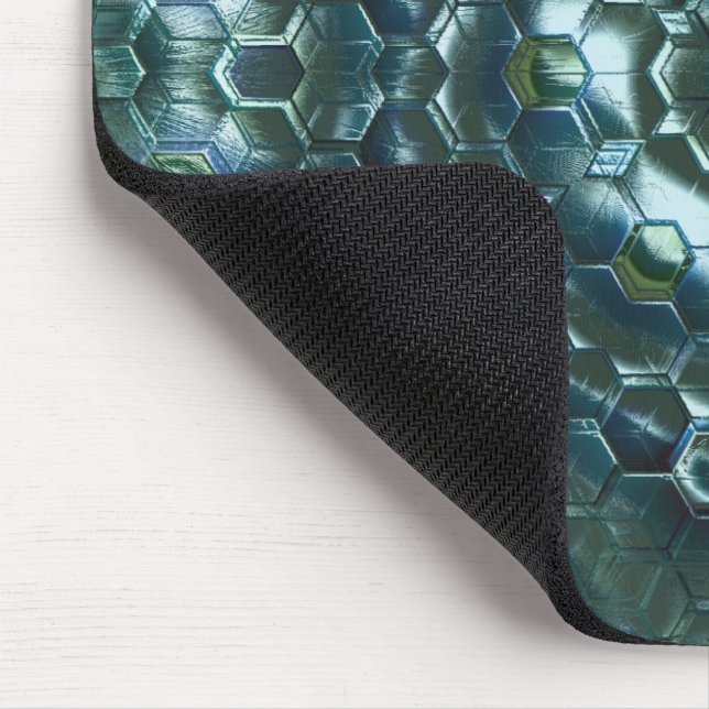 Abstract hexagons in stained luminosity dark cyan  mouse pad (Corner)