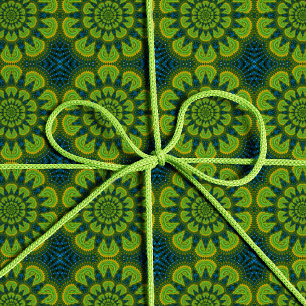 Abstract Hippie Green & Navy Blue Flowers Ethnic Wrapping Paper