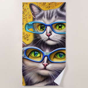 Abstract Hippie Joined Cats Wearing Glasses Beach Towel