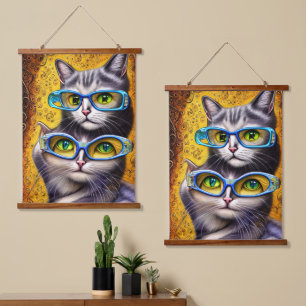 Abstract Hippie Joined Cats Wearing Glasses Hanging Tapestry