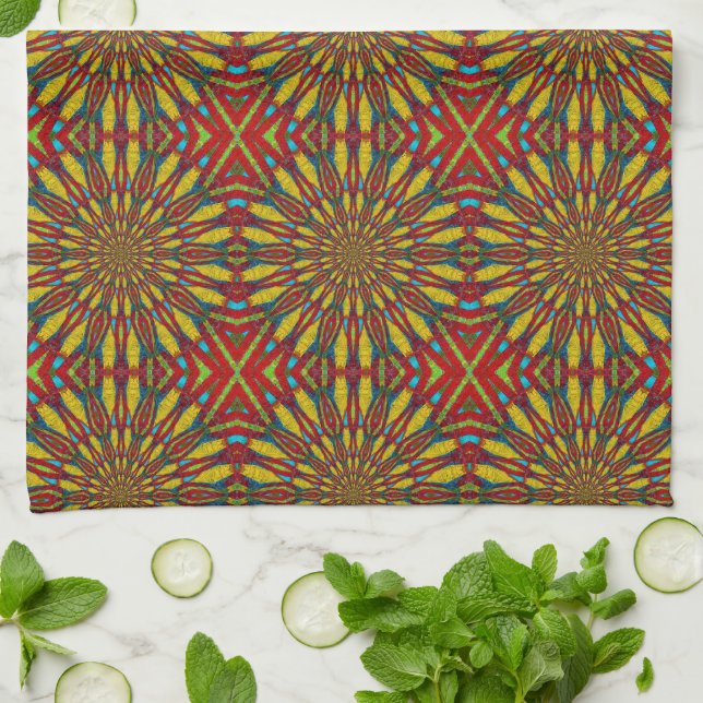  Abstract Hippie Red & Yellow Floral Ethnic Tribal Tea Towel (Folded)
