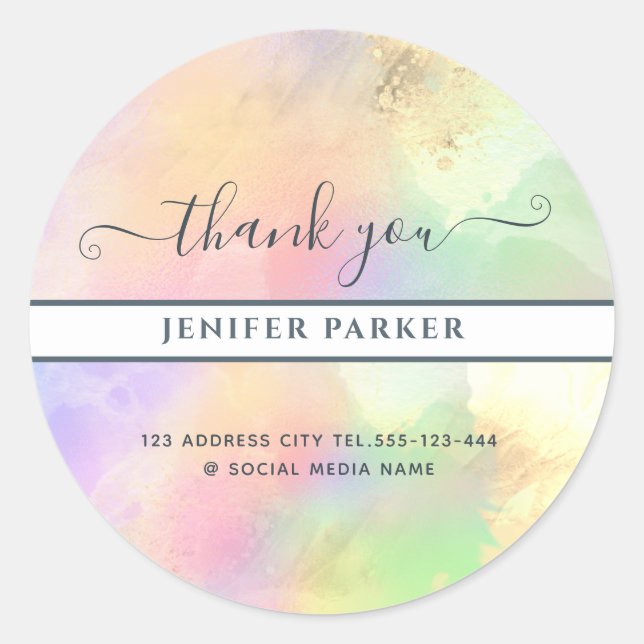Abstract holographic gold modern script thank you classic round sticker (Front)