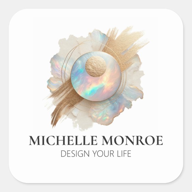 Abstract Holographic Opal with Gold Brushstrokes Square Sticker (Front)