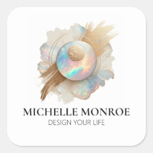 Abstract Holographic Opal with Gold Brushstrokes Square Sticker