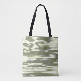 Abstract horizontal lines_white over olive green tote bag
