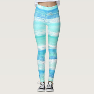 Abstract horizontal stripes blue turquoise white leggings