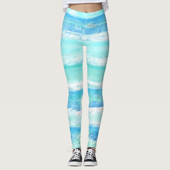 Abstract horizontal stripes blue turquoise white leggings (Front)