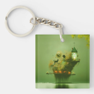 Abstract Horns Cat Green Occult Dark Witchy AI Art Key Ring
