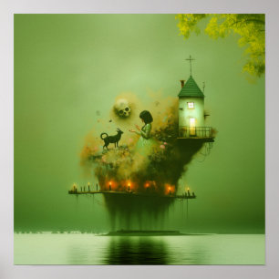 Abstract Horns Cat Green Witchy AI Art Matte Value Poster