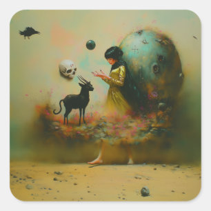Abstract Horns Cat Skull Occult Dark Witchy AI Art Square Sticker