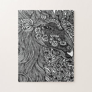 Abstract Horse face Flowers Original ink Art Jigsaw Puzzle