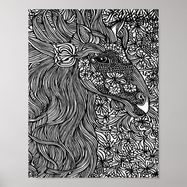 Abstract Horse face Flowers Original ink Art Poster (Front)