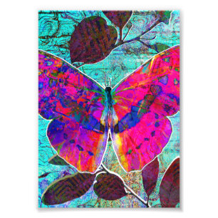 Abstract Hot Pink and Aqua Botanical Butterfly Photo Print