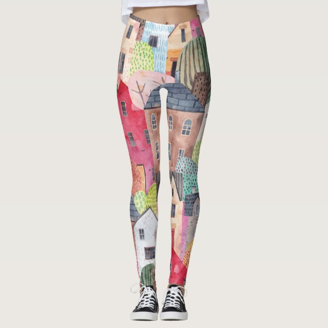 Abstract Houses: Watercolor Seamless Background. Leggings (Front)